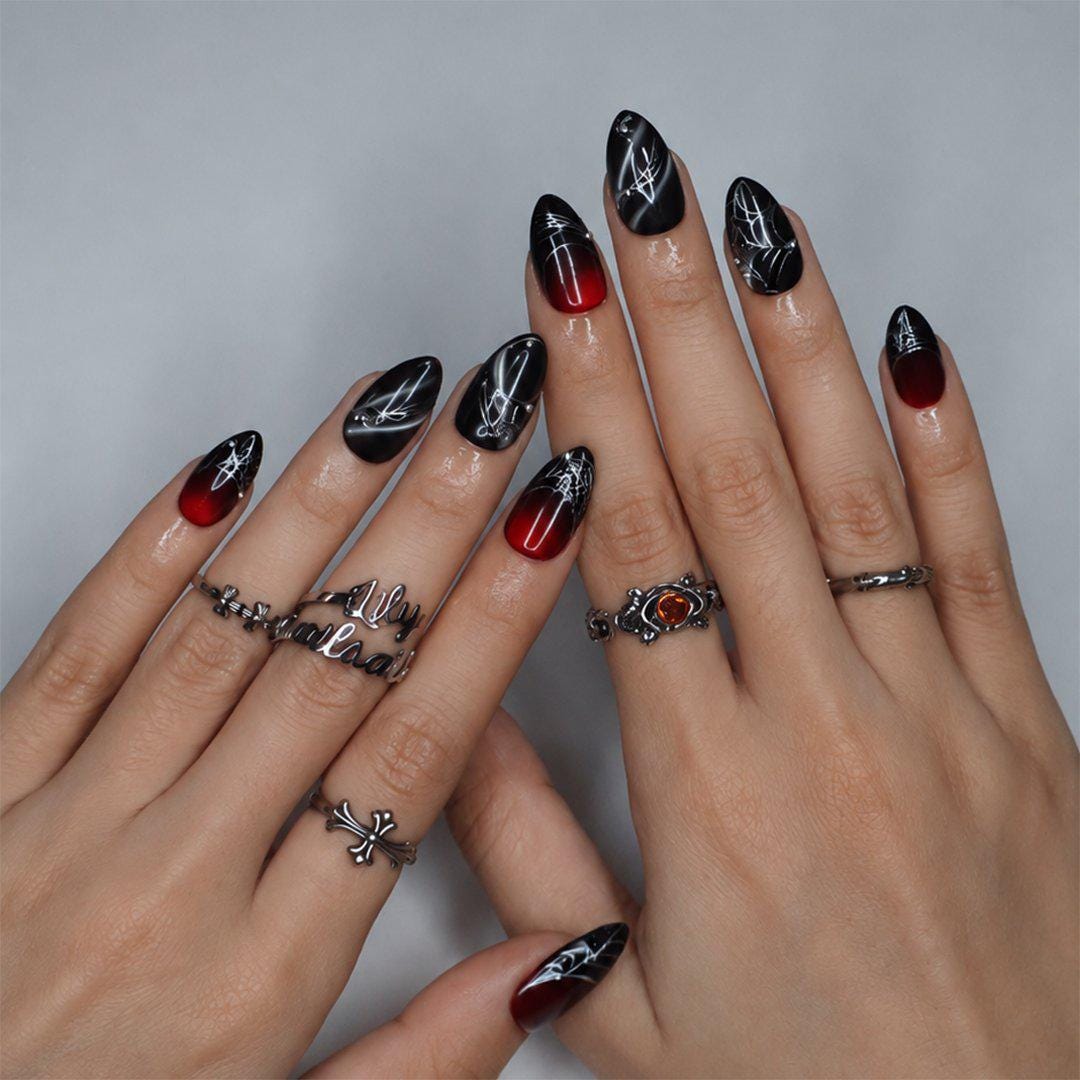 Halloween Blood Red and Black Spiderweb Press-On Nails With Silver Details