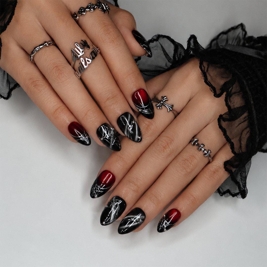Halloween Blood Red and Black Spiderweb Press-On Nails With Silver Details