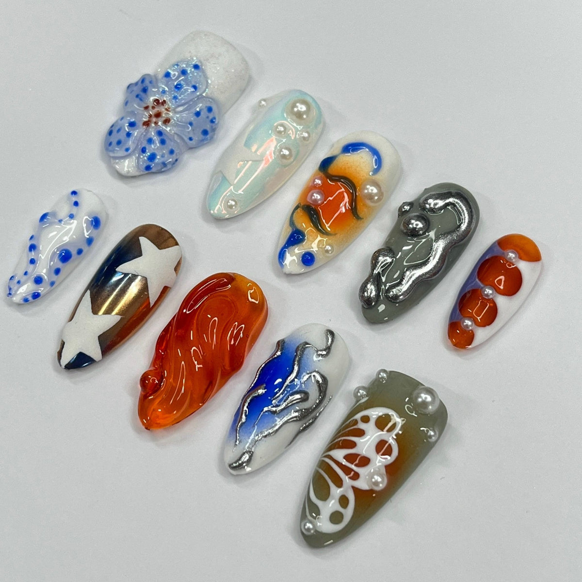 Sculptural Blue Flower and Abstract Press On Nail Set