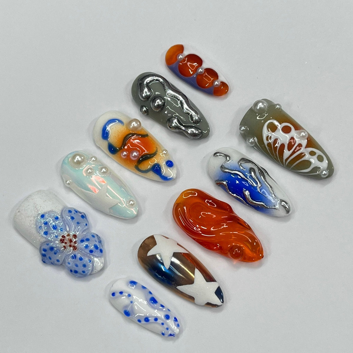 Sculptural Blue Flower and Abstract Press On Nail Set
