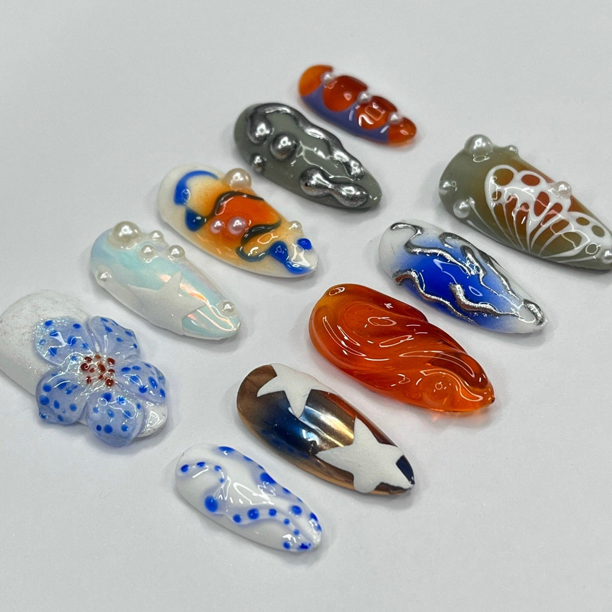 Sculptural Blue Flower and Abstract Press On Nail Set