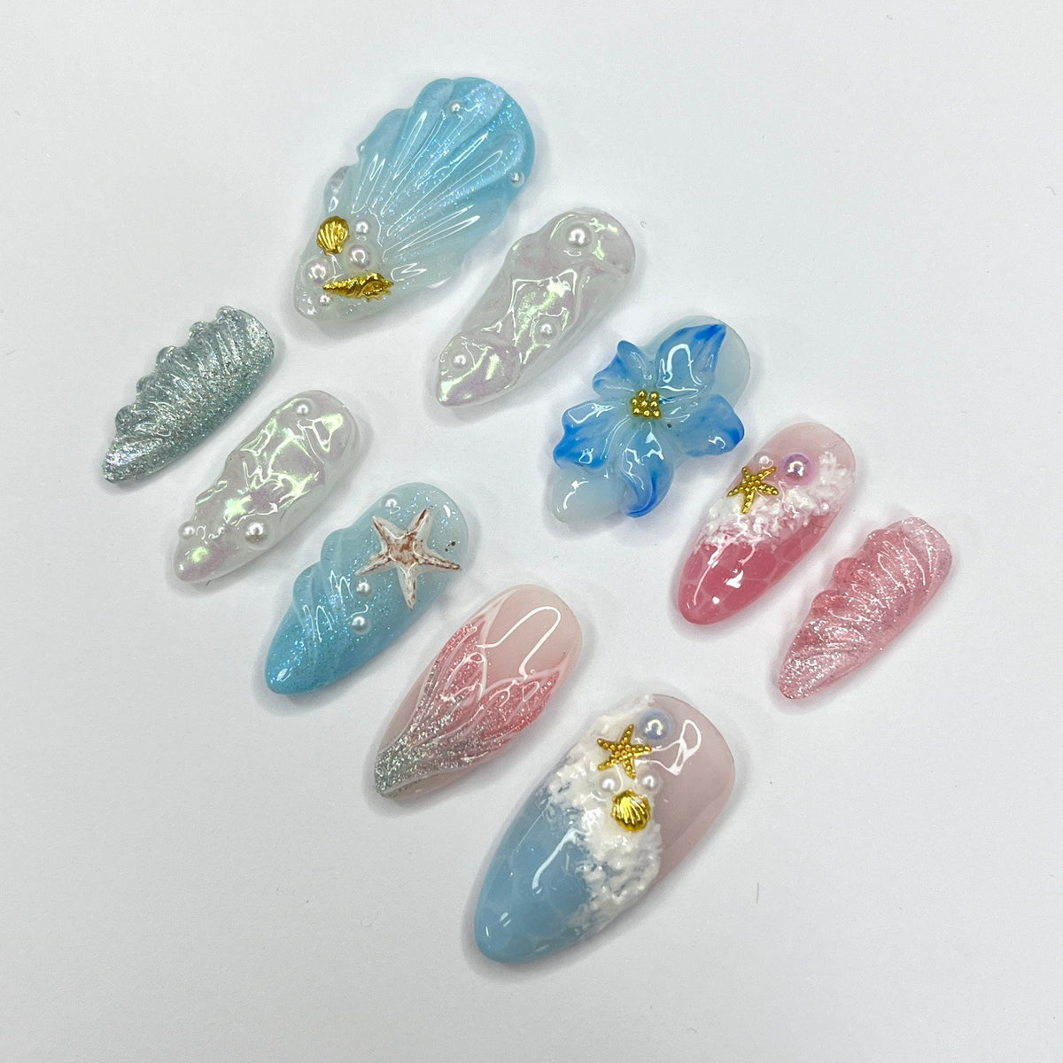 Mermaid-Inspired Summer Ocean Nails with 3D Shells, Flowers, and Starfish