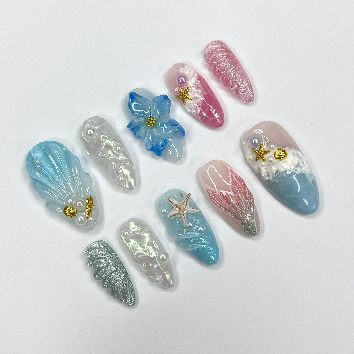 Mermaid-Inspired Summer Ocean Nails with 3D Shells, Flowers, and Starfish