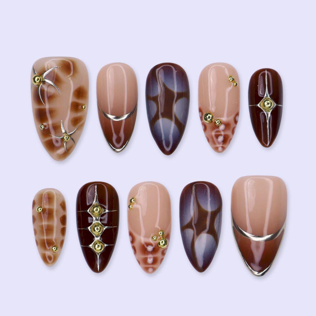 Fall Brown Abstract Tortoiseshell French Tip Nail Set with Gold Studs