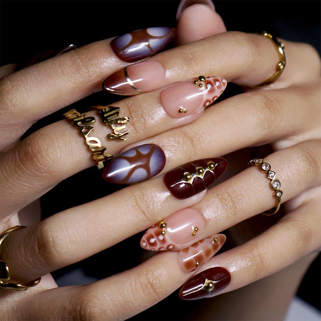 Fall Brown Abstract Tortoiseshell French Tip Nail Set with Gold Studs
