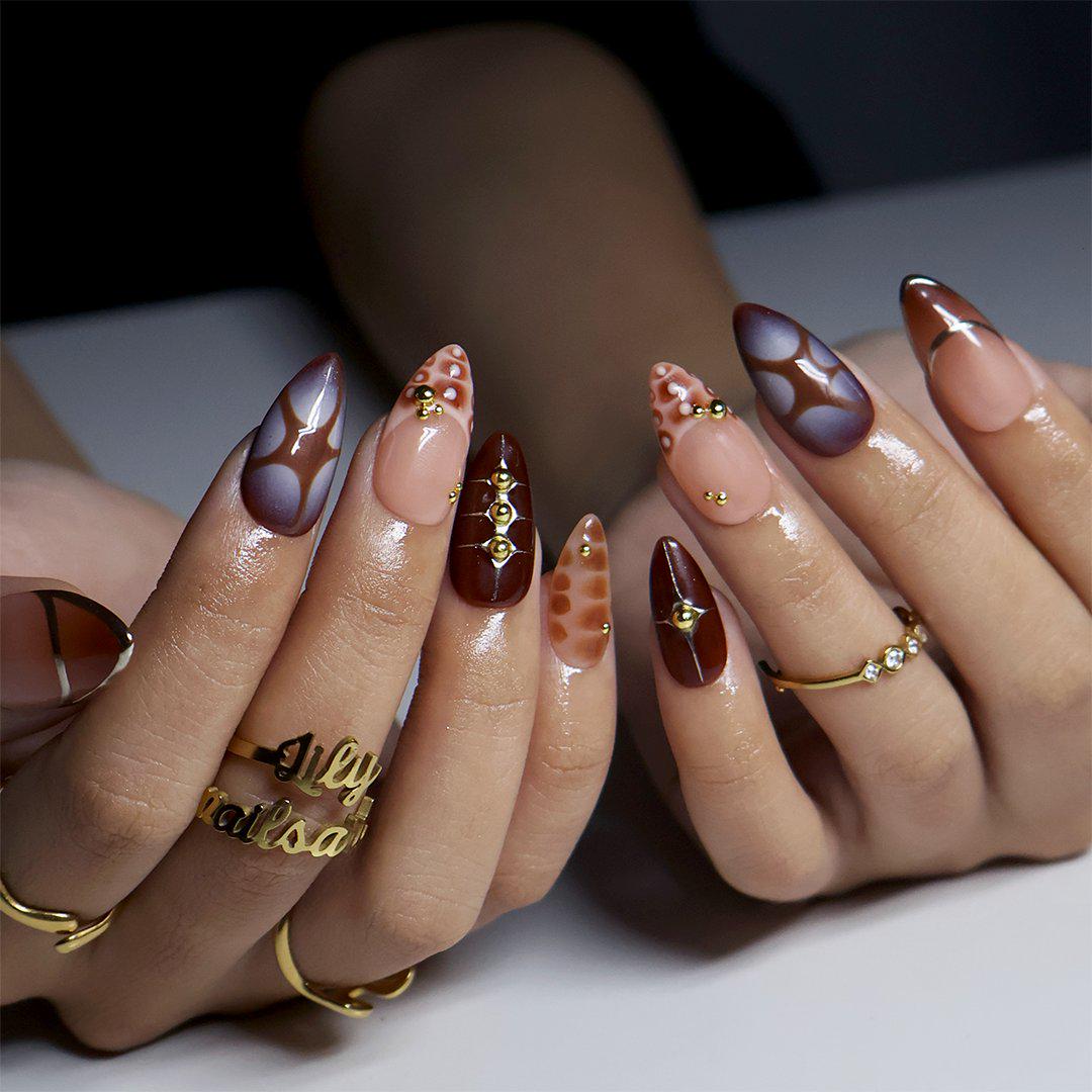 Fall Brown Abstract Tortoiseshell French Tip Nail Set with Gold Studs