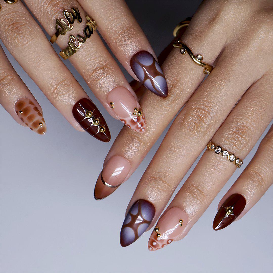 Fall Brown Abstract Tortoiseshell French Tip Nail Set with Gold Studs