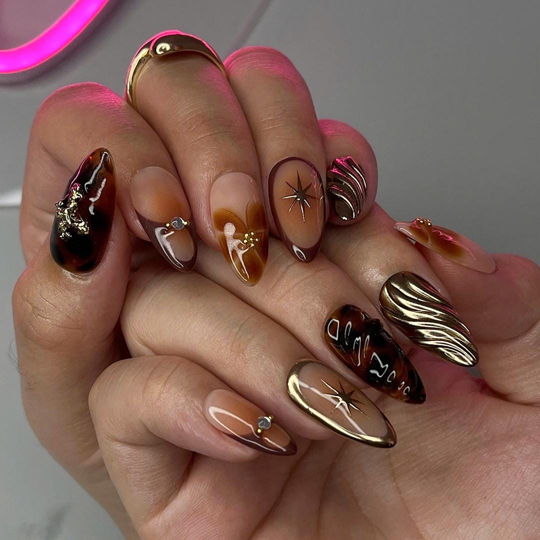 Fall Tortoiseshell and Gold Starburst Press On Nails with Raised Metallic Accents