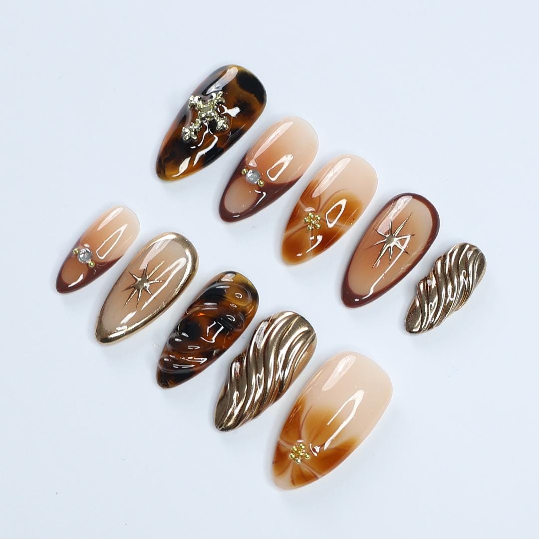Fall Tortoiseshell and Gold Starburst Press On Nails with Raised Metallic Accents
