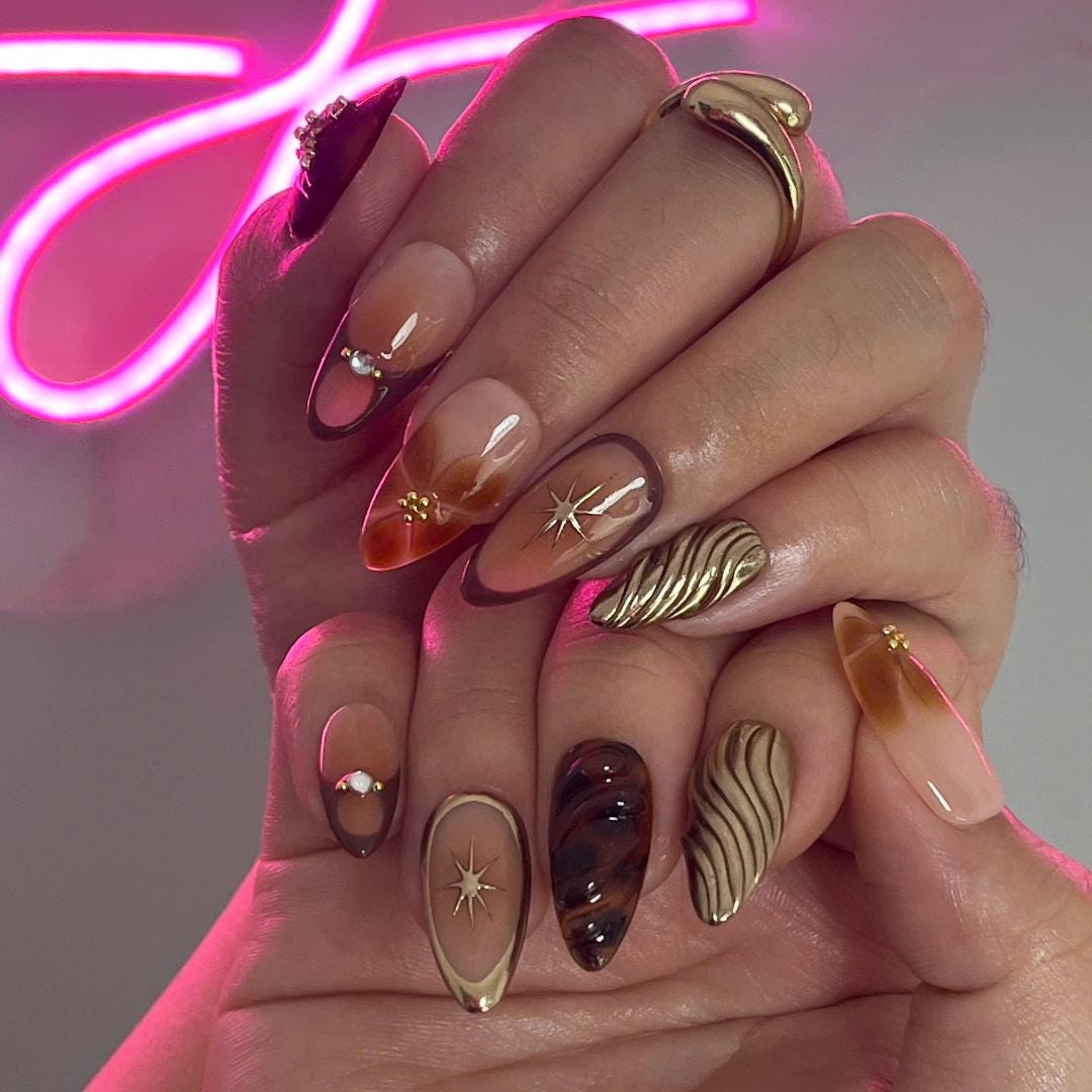 Fall Tortoiseshell and Gold Starburst Press On Nails with Raised Metallic Accents