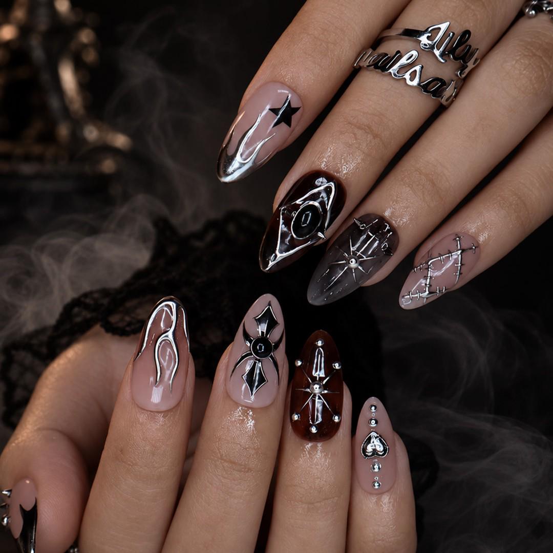 Halloween Gothic Chrome Star and Gem Press On Nails