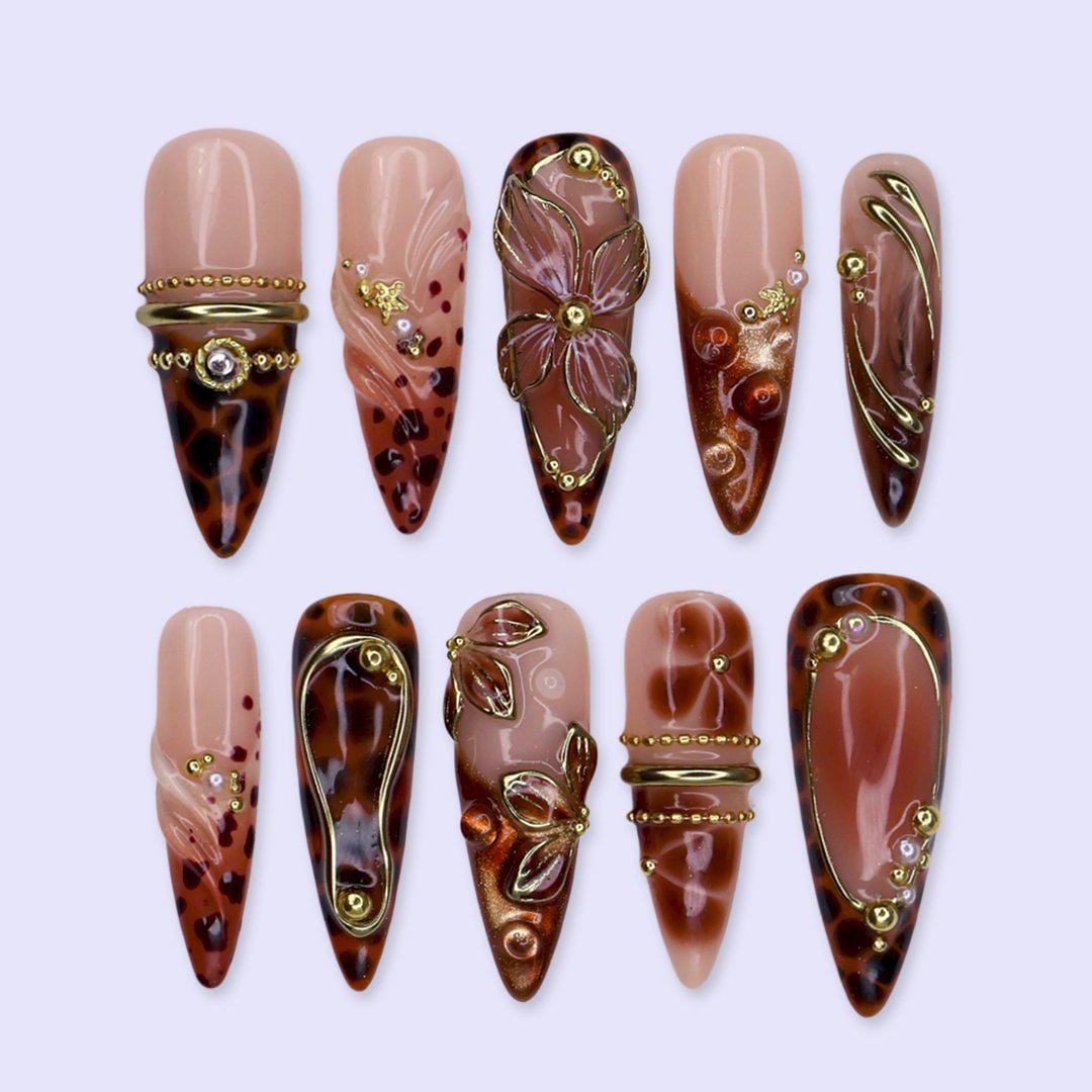 Fall Amber and Brown Tortoiseshell Floral Nails with Gold Chrome Details