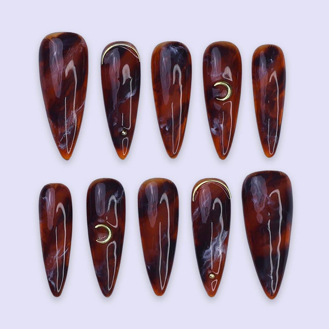Glossy Tortoiseshell Press On Nails with Gold Crescent Accents