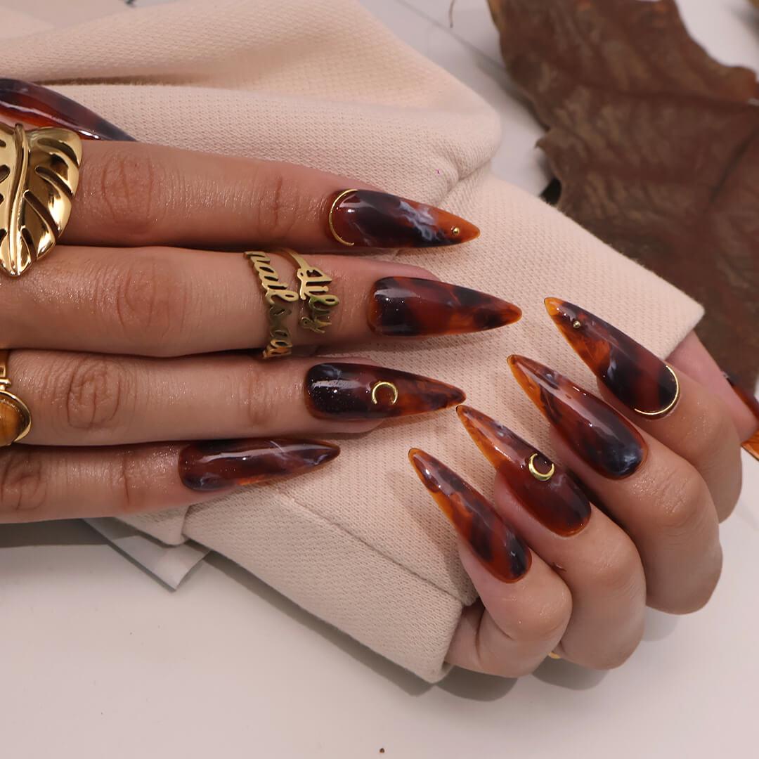 Glossy Tortoiseshell Press On Nails with Gold Crescent Accents
