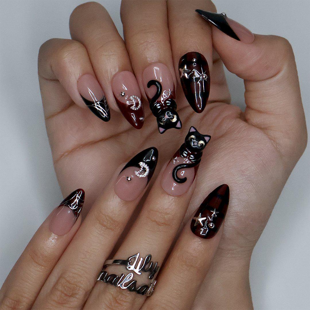 Burgundy and Black Cat Halloween Press-On Nails With Silver Moons and Spiderwebs