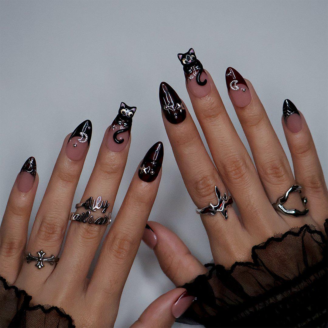 Burgundy and Black Cat Halloween Press-On Nails With Silver Moons and Spiderwebs