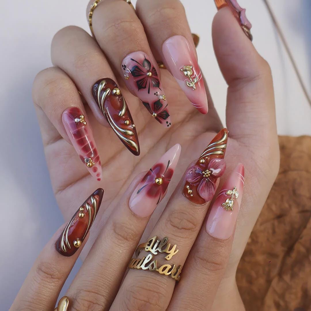 Autumn Burgundy and Blush Floral Press On Nails with Gold and Silver Accents