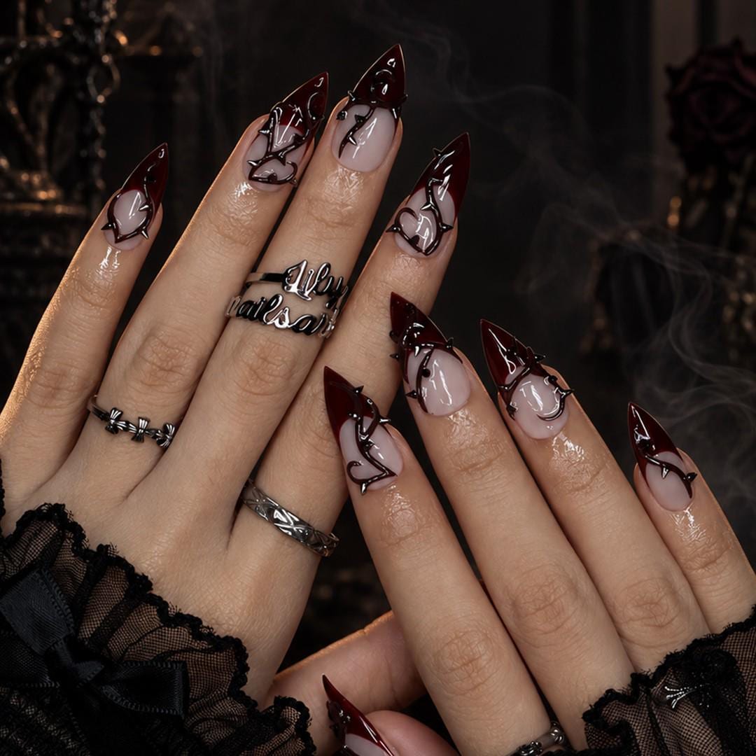 Halloween Burgundy French Tip Nails With Raised Metallic Thorn Details
