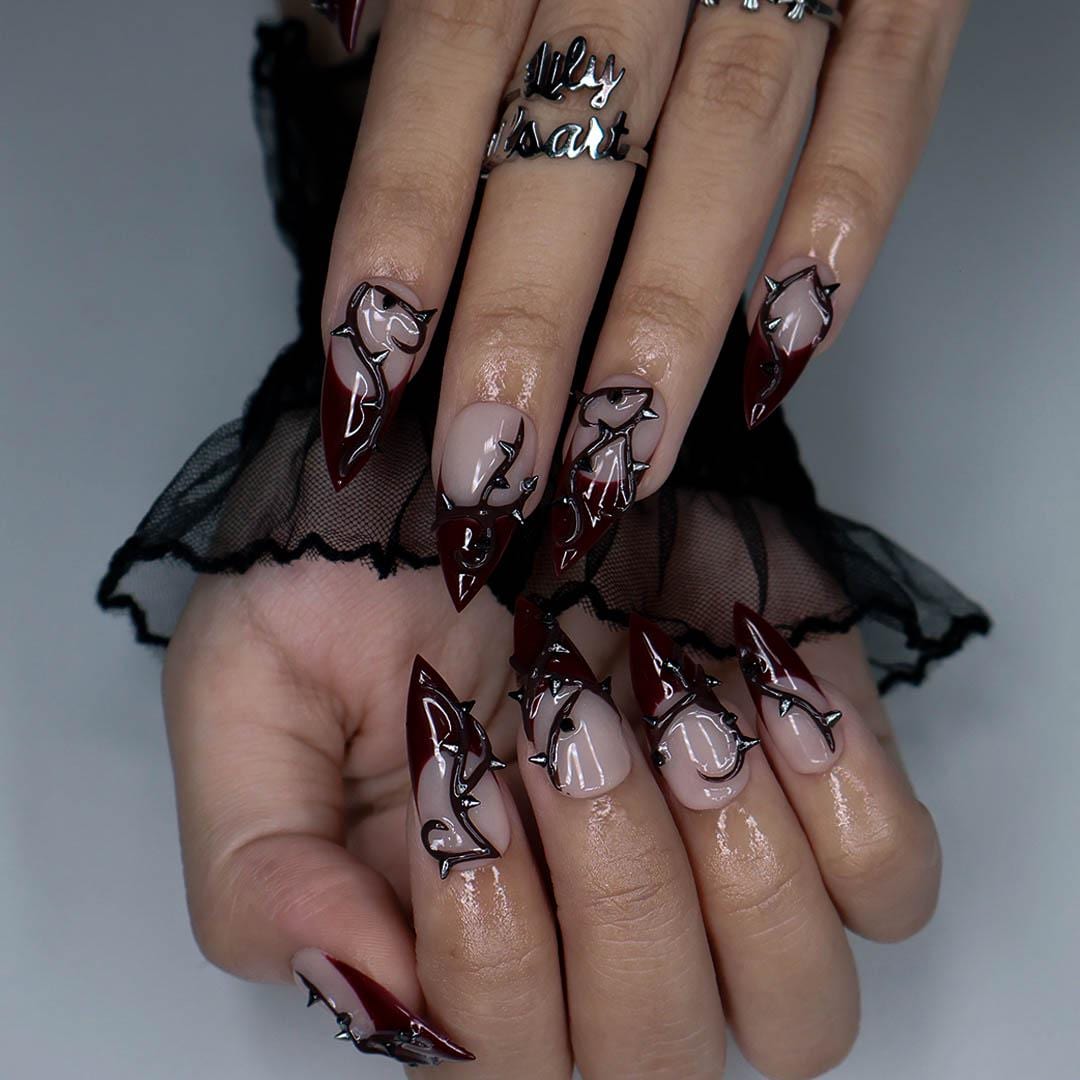 Halloween Burgundy French Tip Nails With Raised Metallic Thorn Details