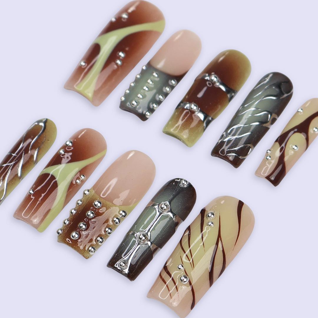 Earth Tone Abstract Swirl Press On Nails With Silver Rhinestones