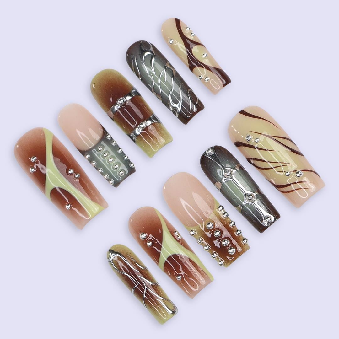 Earth Tone Abstract Swirl Press On Nails With Silver Rhinestones