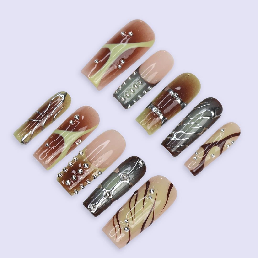 Earth Tone Abstract Swirl Press On Nails With Silver Rhinestones