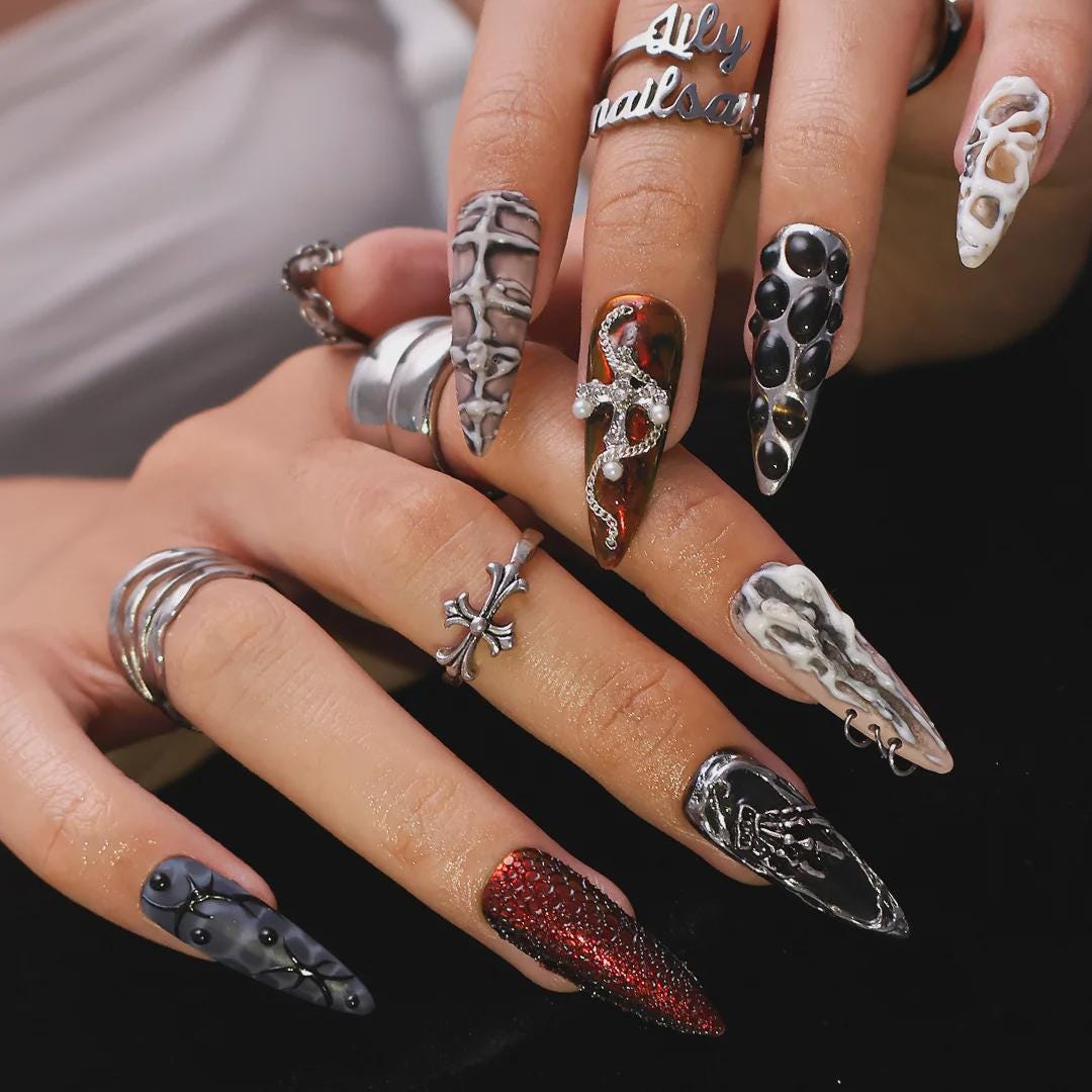 Gothic Halloween Nail Set With Silver Snake Charm, Rhinestones & Bone-Inspired Marbling