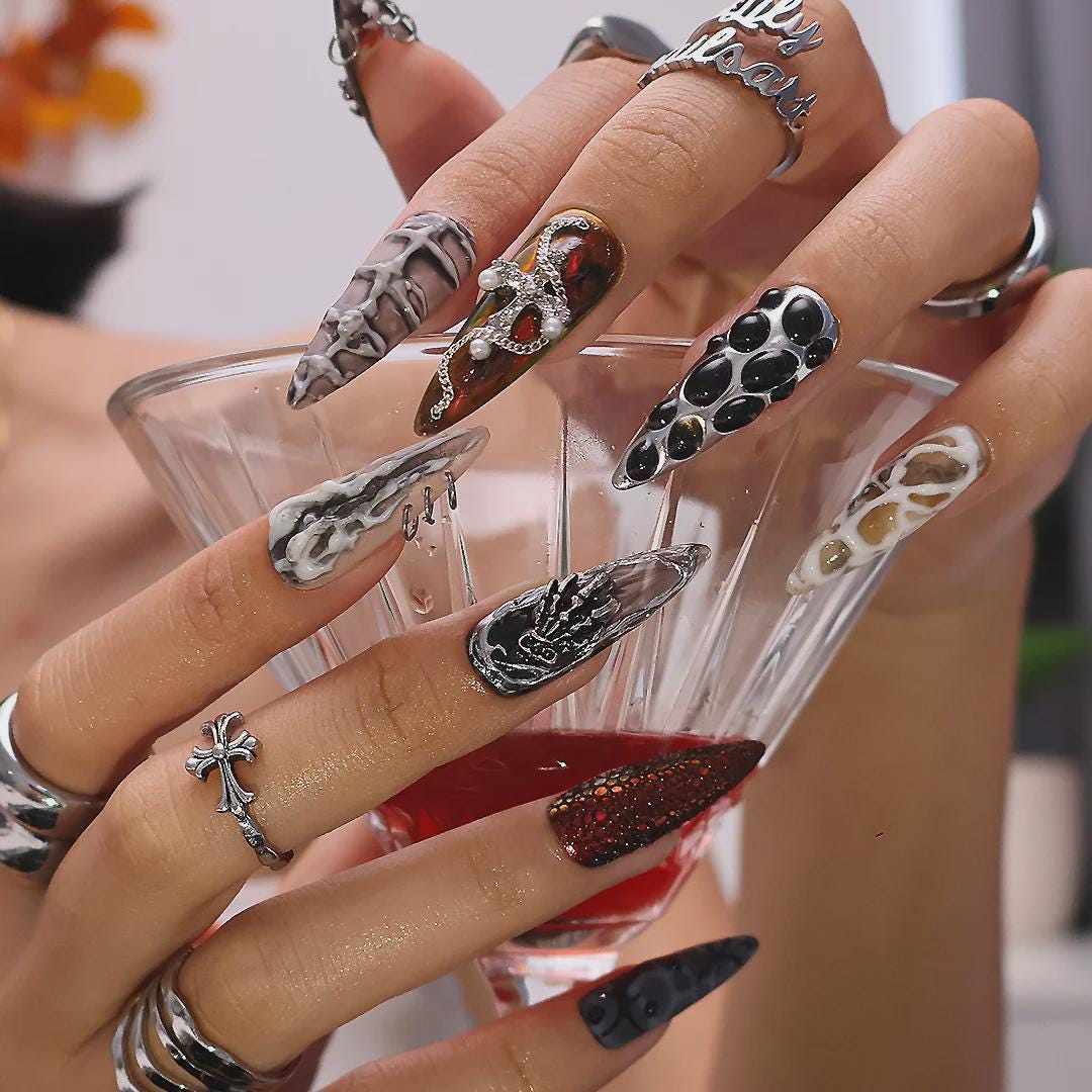 Gothic Halloween Nail Set With Silver Snake Charm, Rhinestones & Bone-Inspired Marbling