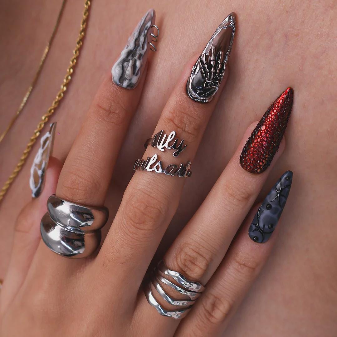 Gothic Halloween Nail Set With Silver Snake Charm, Rhinestones & Bone-Inspired Marbling