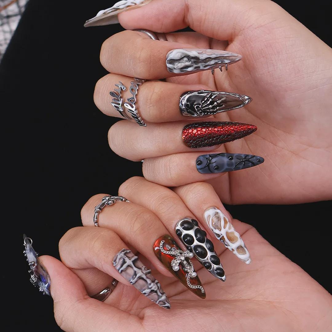 Gothic Halloween Nail Set With Silver Snake Charm, Rhinestones & Bone-Inspired Marbling