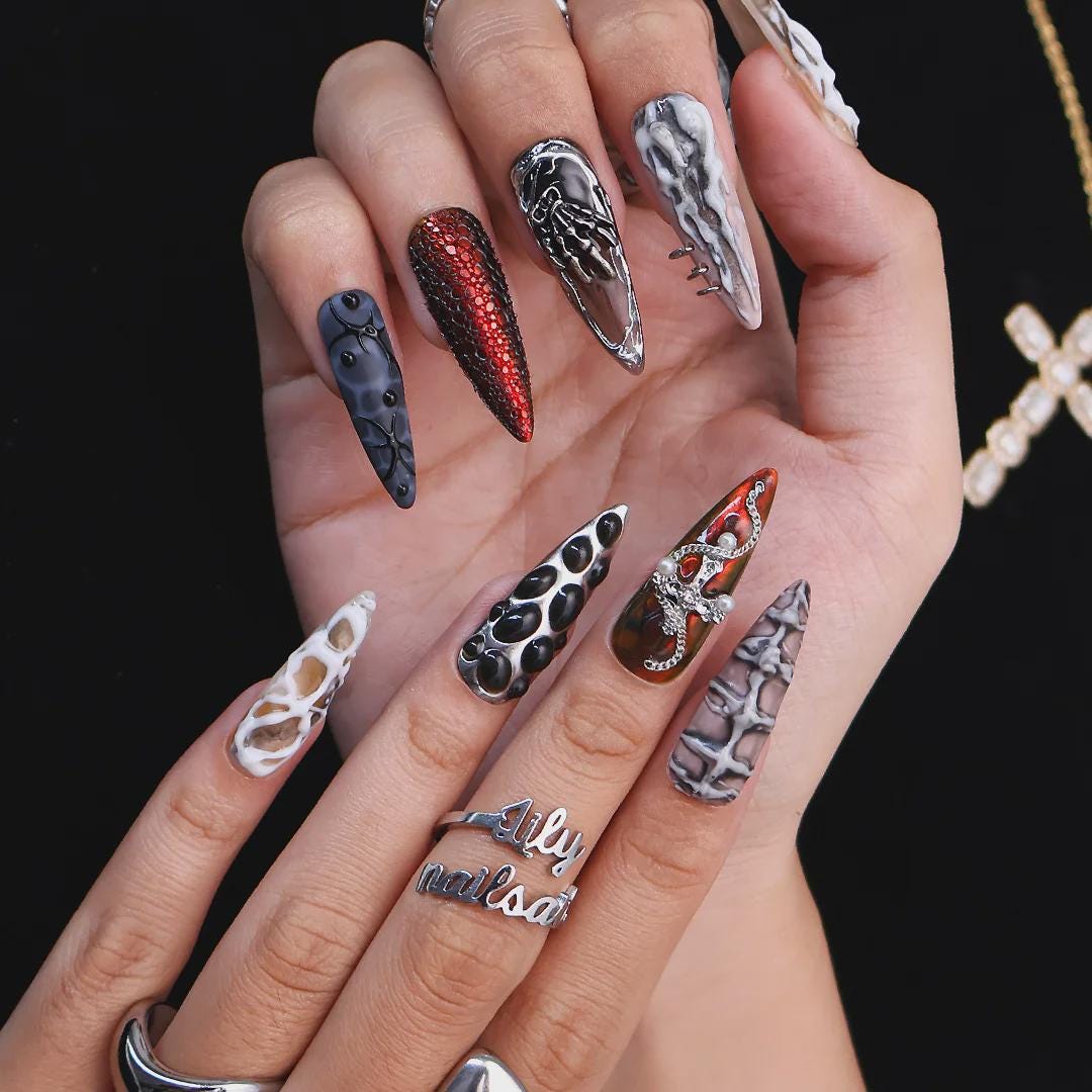 Gothic Halloween Nail Set With Silver Snake Charm, Rhinestones & Bone-Inspired Marbling