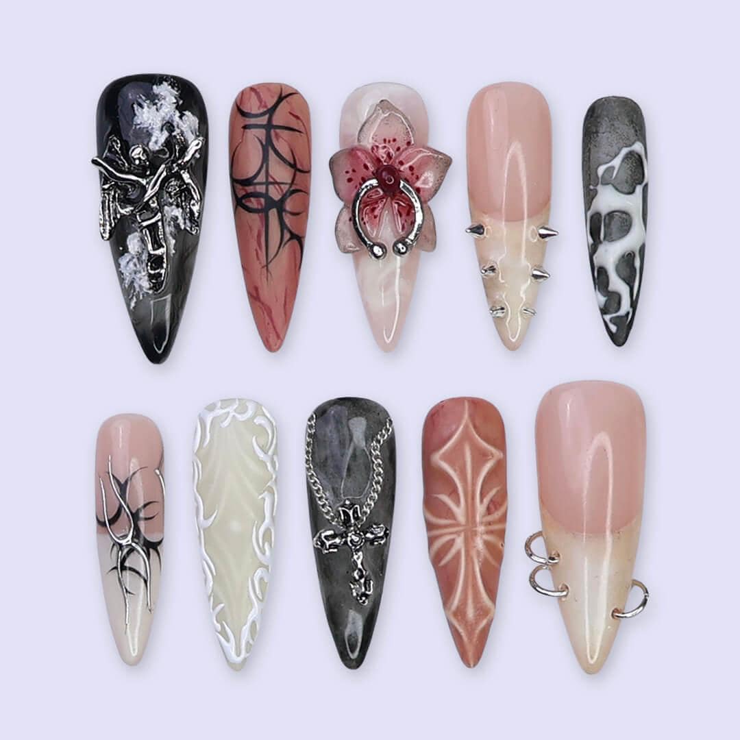 Halloween Gothic Floral Press On Nails with Web Lines, Spikes and Chain Details