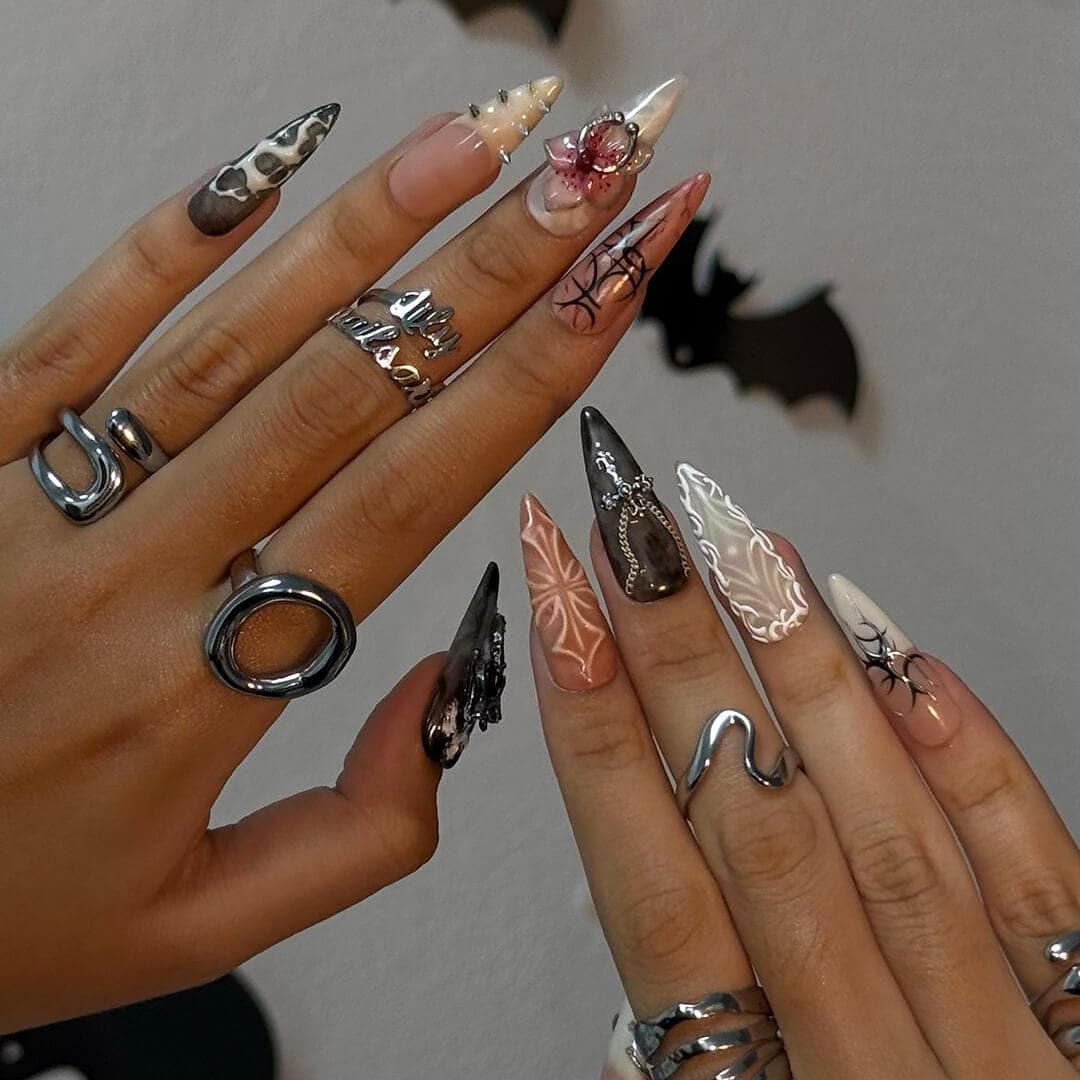 Halloween Gothic Floral Press On Nails with Web Lines, Spikes and Chain Details