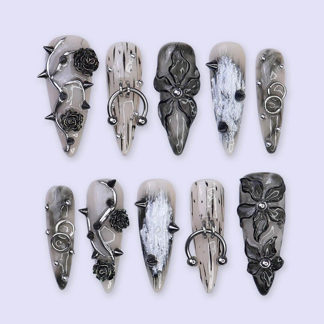Gothic Halloween Press On Nails With Black Roses, Silver Rings and Spikes