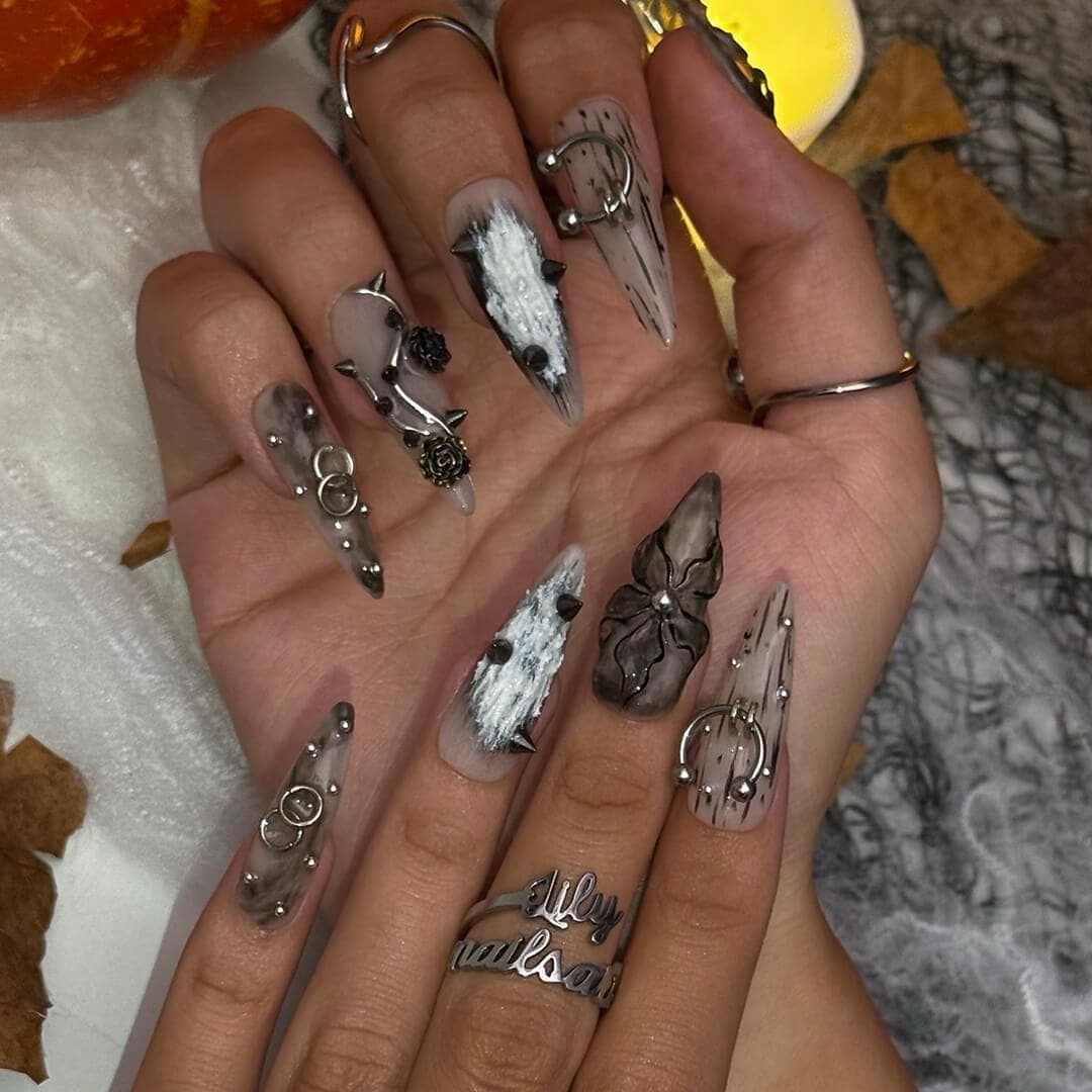 Gothic Halloween Press On Nails With Black Roses, Silver Rings and Spikes