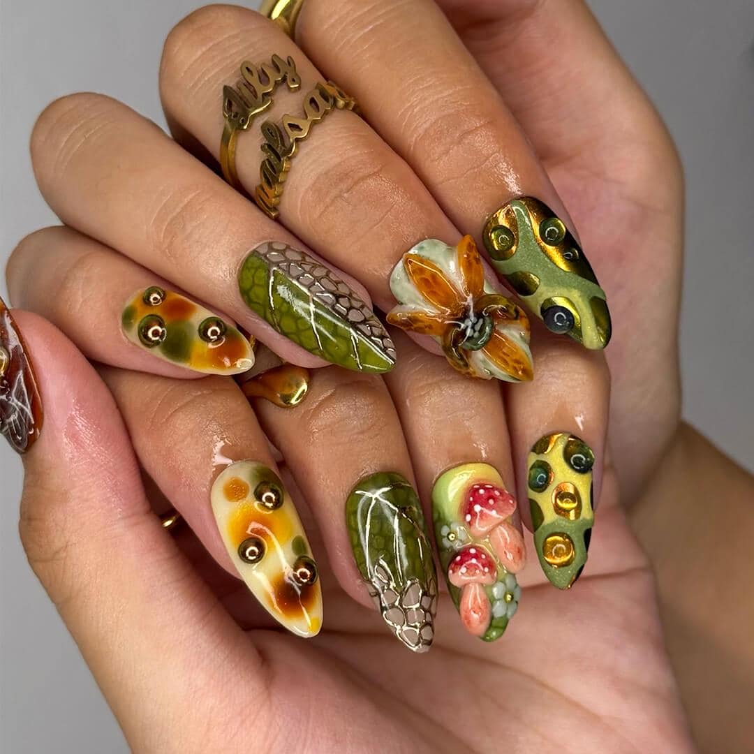 Autumn Woodland Press-On Nails with Sculpted Mushrooms, Foliage & Floral Accents