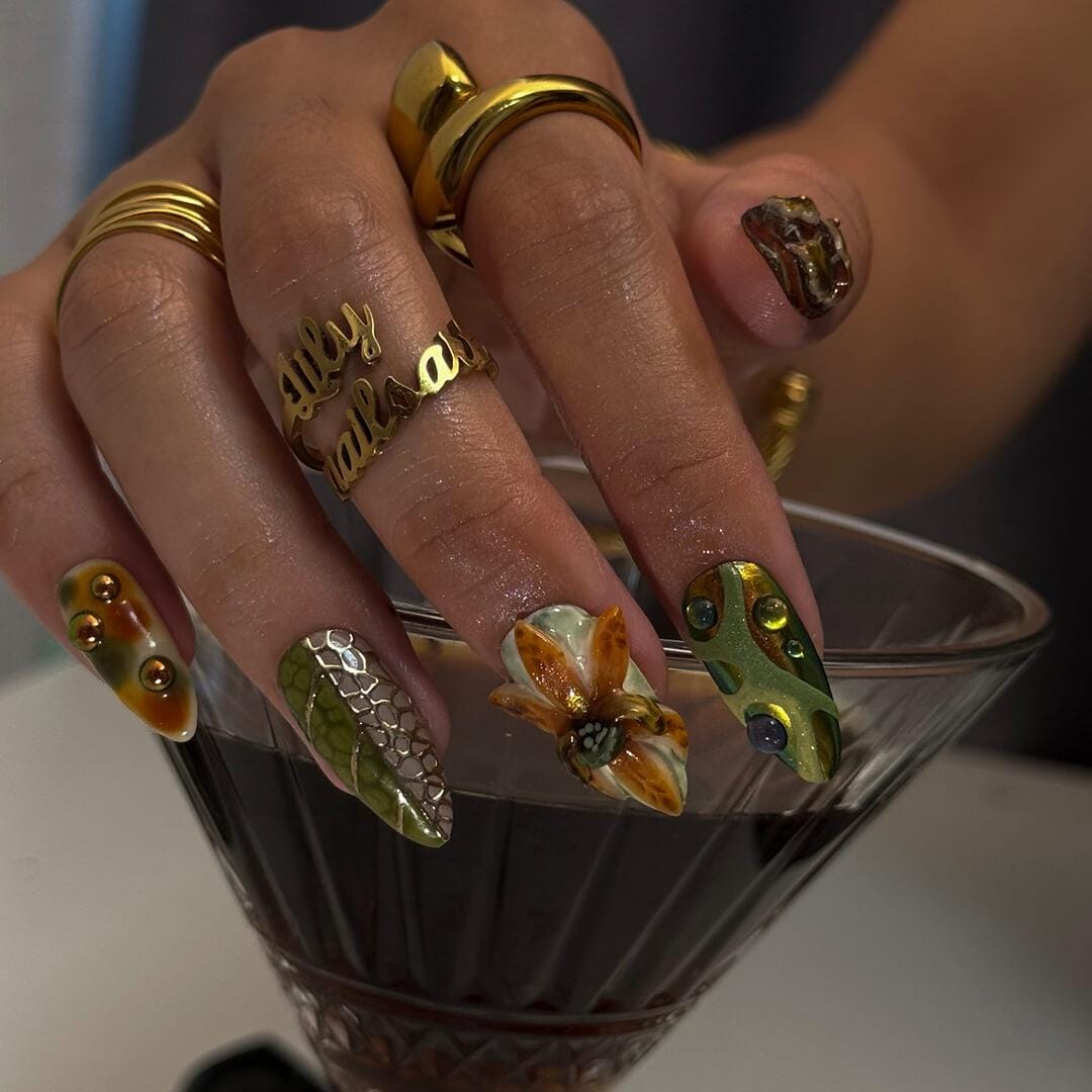 Autumn Woodland Press-On Nails with Sculpted Mushrooms, Foliage & Floral Accents