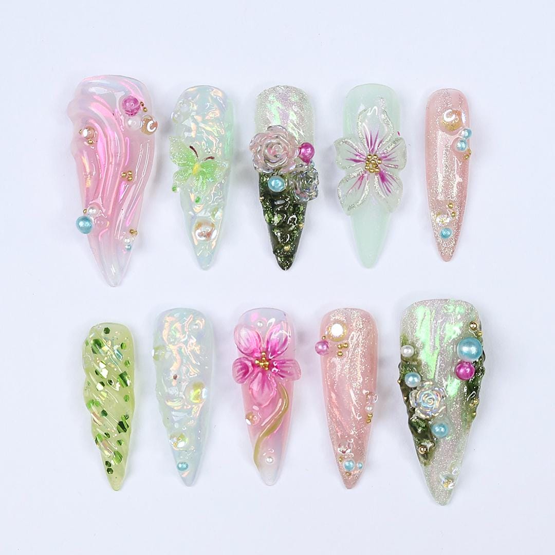 Whimsical Garden Floral Press On Nails With Raised Roses, Butterfly Details and Gems