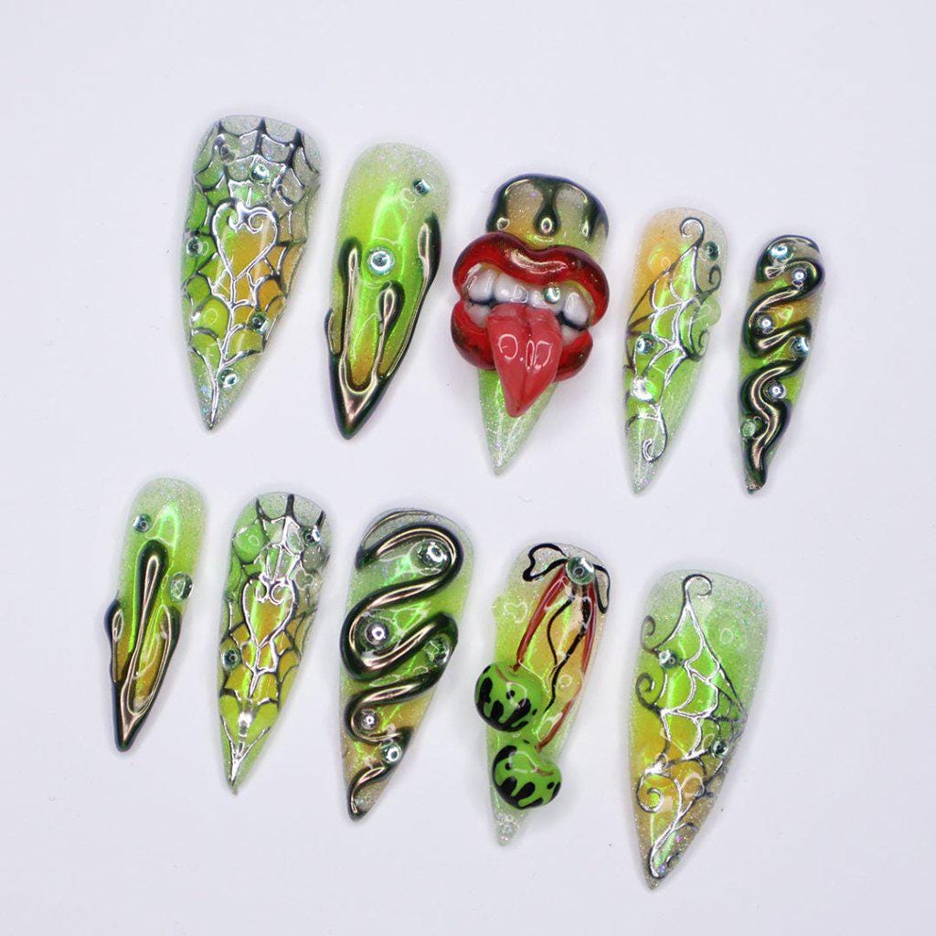 Halloween Lime Green 3D Press On Nails with Red Mouth, Snake Details and Web Patterns