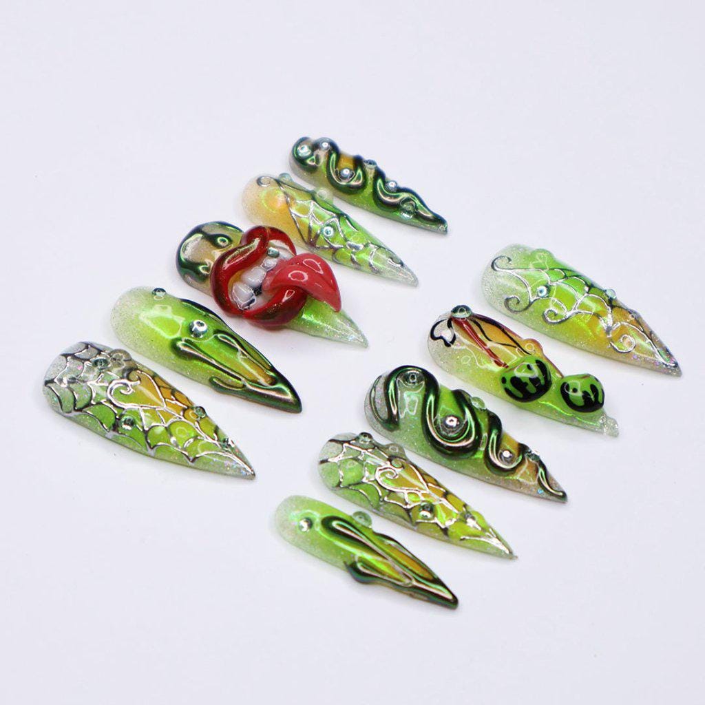 Halloween Lime Green 3D Press On Nails with Red Mouth, Snake Details and Web Patterns