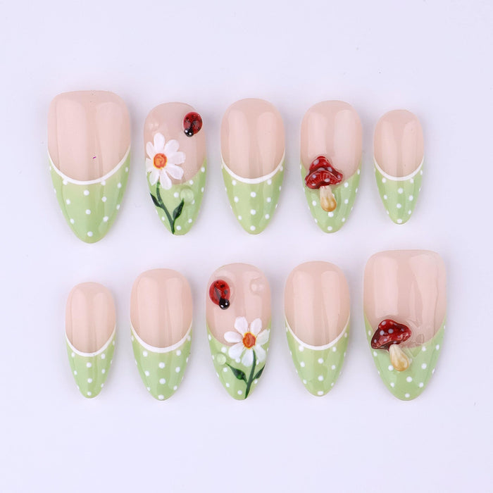 Spring Green Polka Dot French Tip Press On Nails with Daisies, Ladybugs & 3D Mushrooms