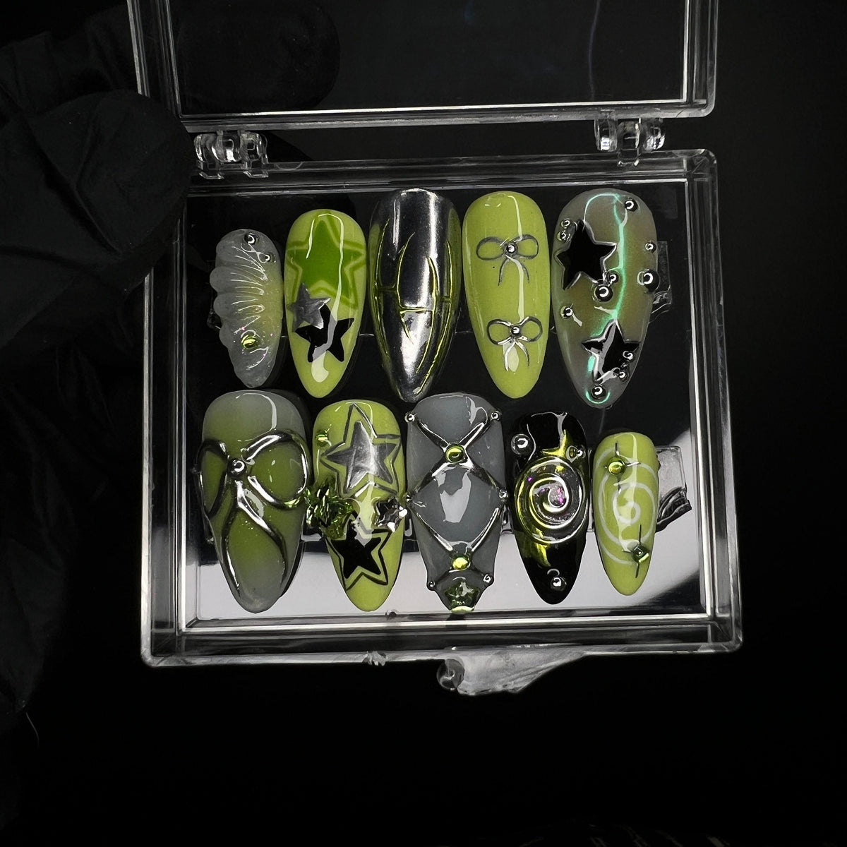 Lime Green and Smoky Gray Chrome Nails with 3D Bows, Stars and Rhinestones