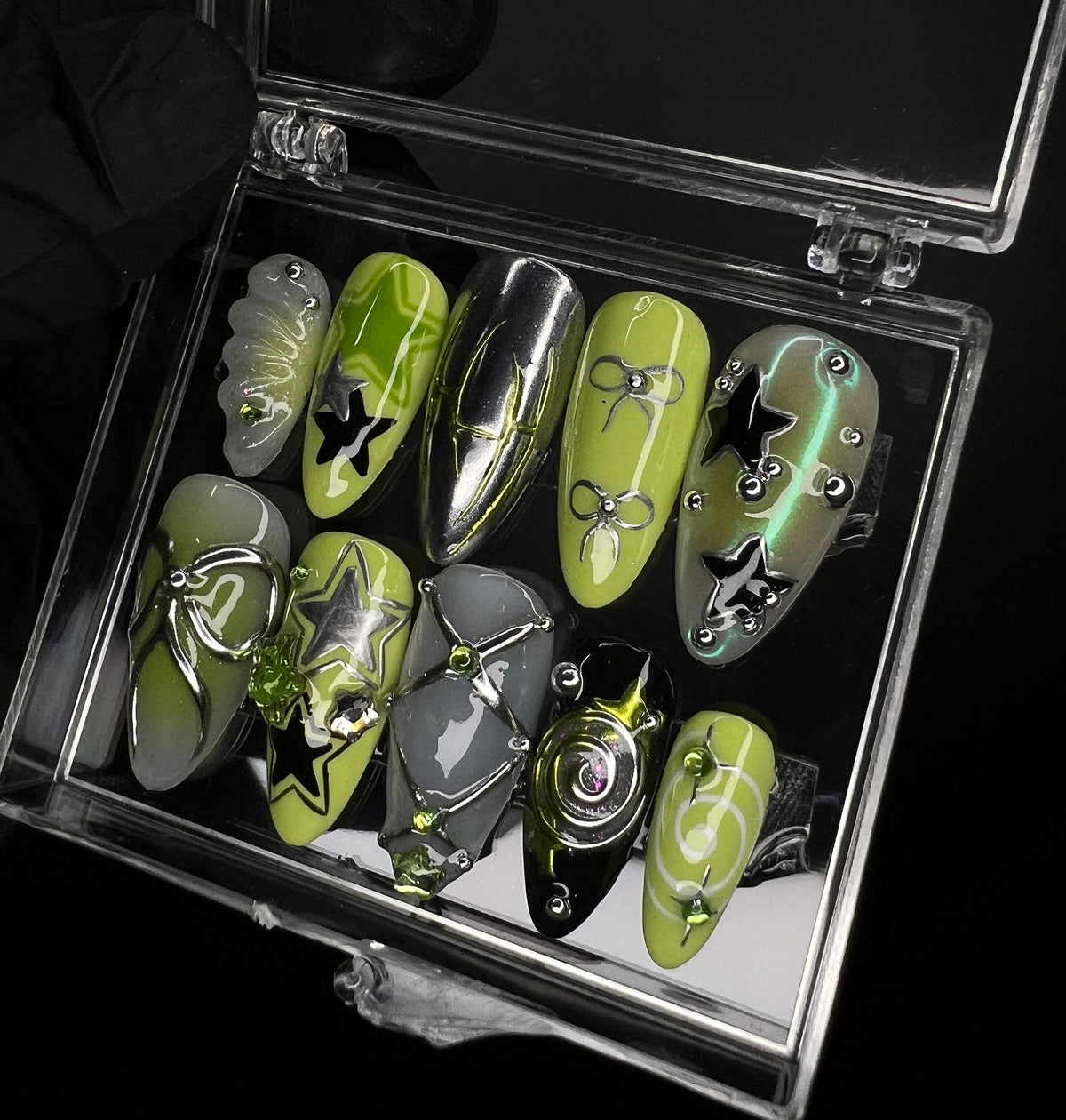 Lime Green and Smoky Gray Chrome Nails with 3D Bows, Stars and Rhinestones