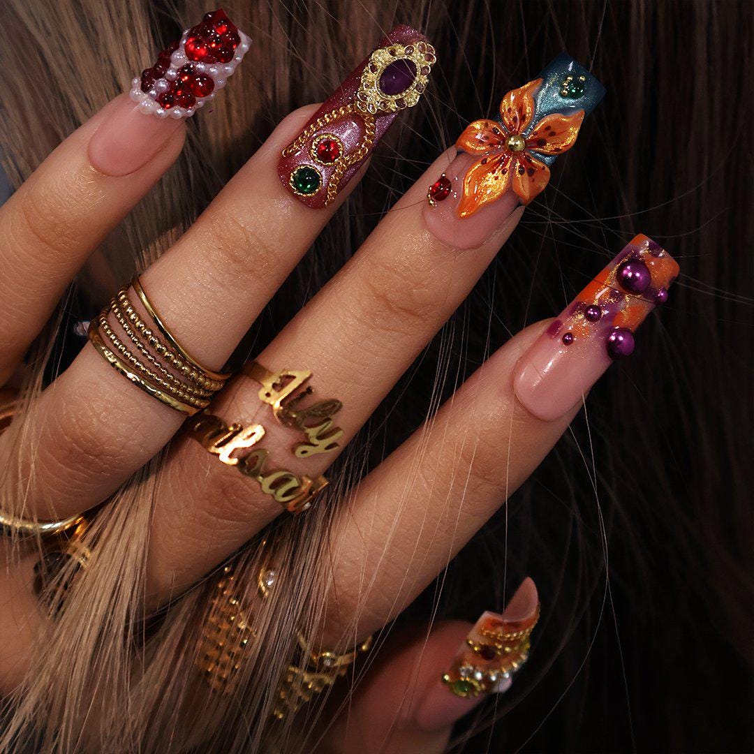 3D Orange Flower and Pink Butterfly Press On Nails With Colorful Gems