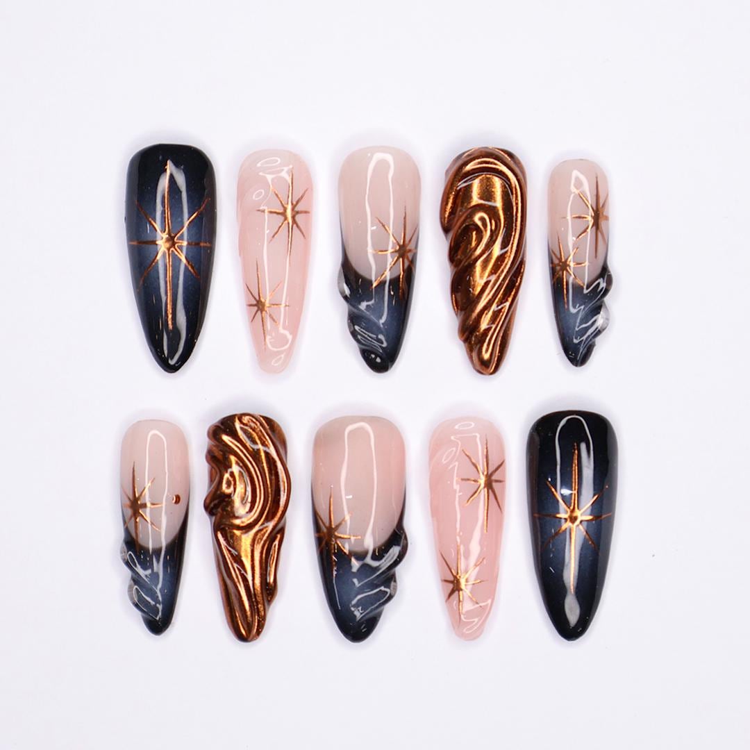Copper Chrome Starburst and Navy Marble French Tip Nail Set