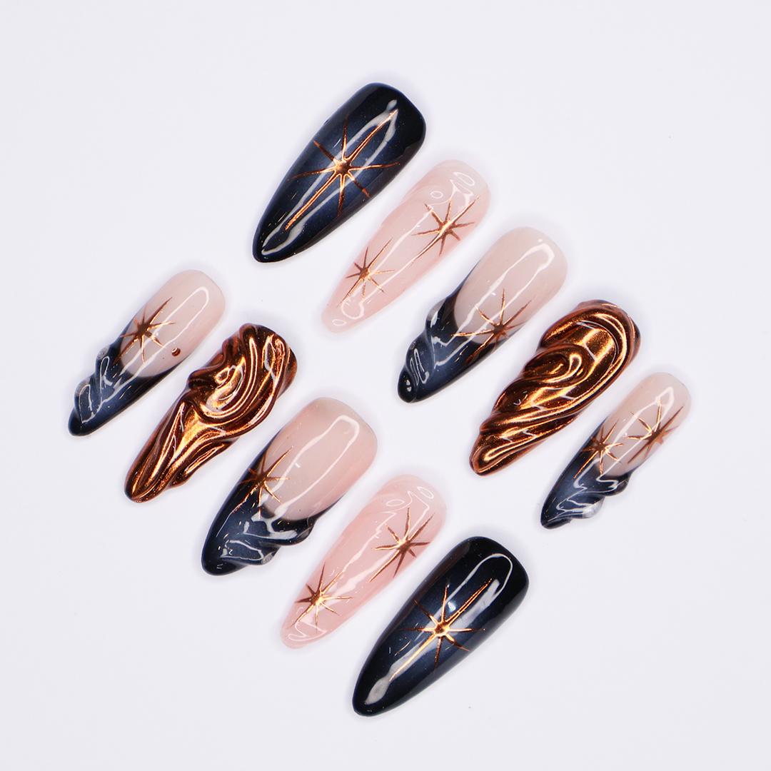 Copper Chrome Starburst and Navy Marble French Tip Nail Set