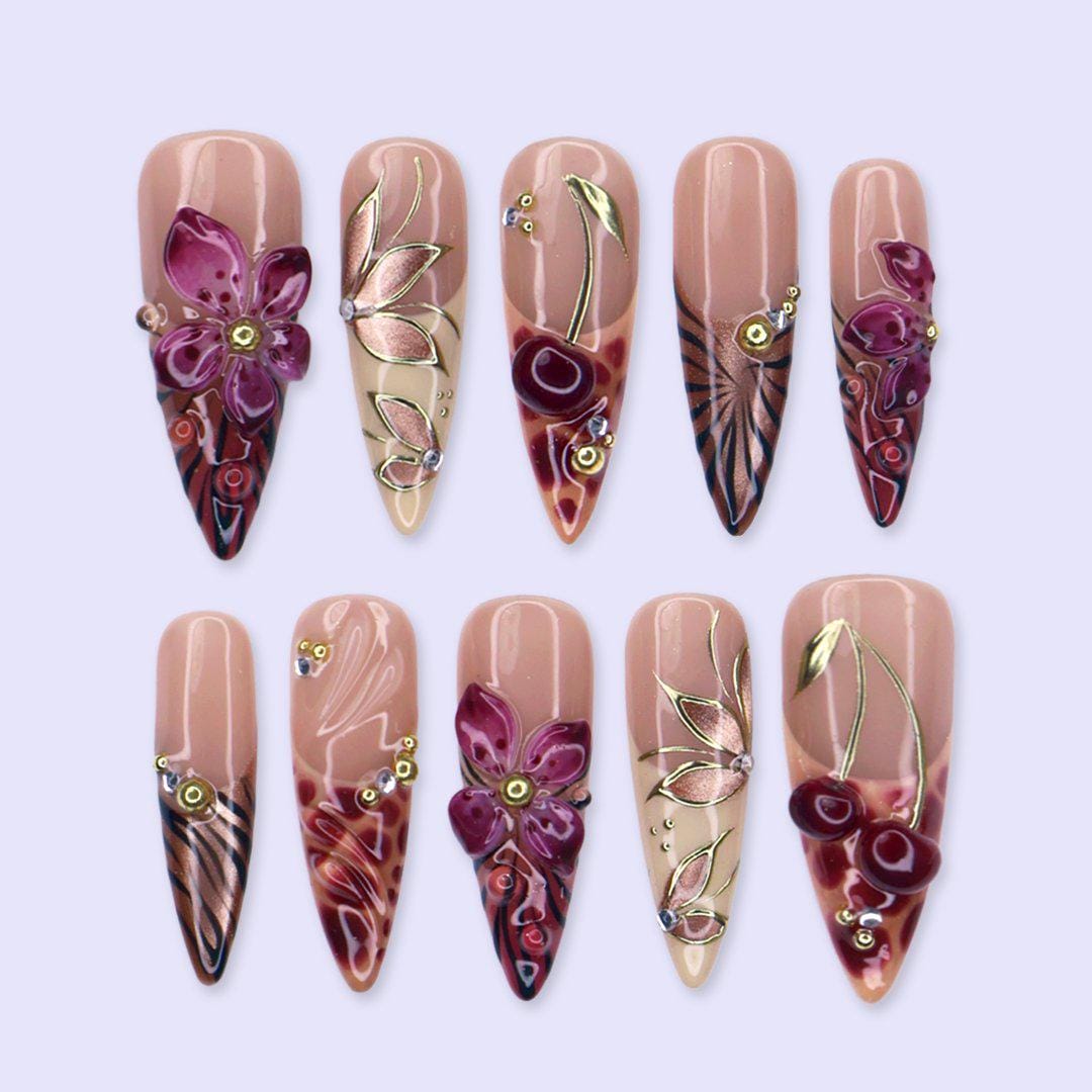 Fall Nude Pink and Burgundy Marble Nails with 3D Flowers, Gold Leaf and Rhinestones