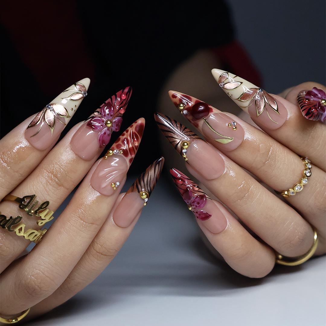 Fall Nude Pink and Burgundy Marble Nails with 3D Flowers, Gold Leaf and Rhinestones