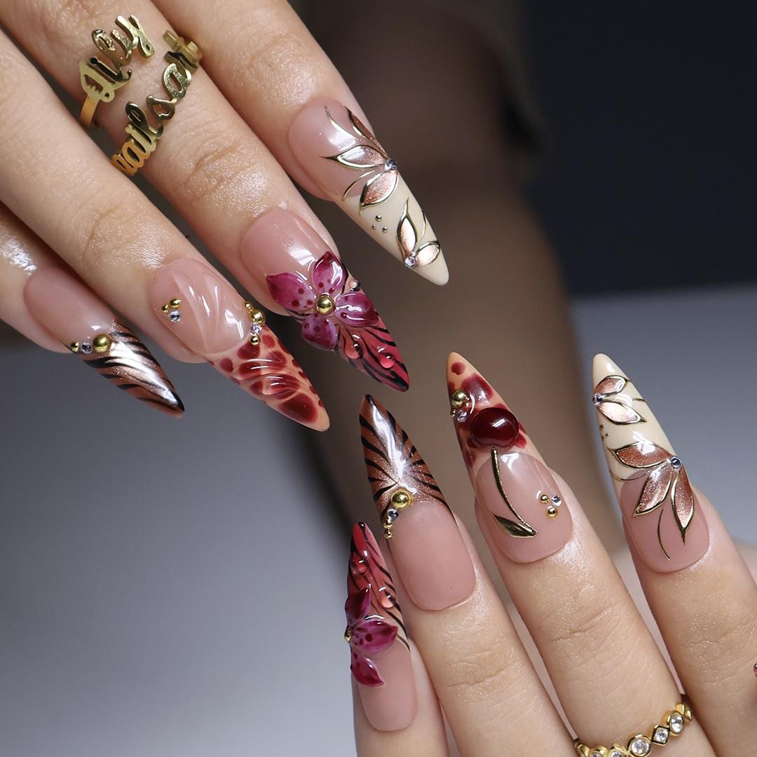 Fall Nude Pink and Burgundy Marble Nails with 3D Flowers, Gold Leaf and Rhinestones