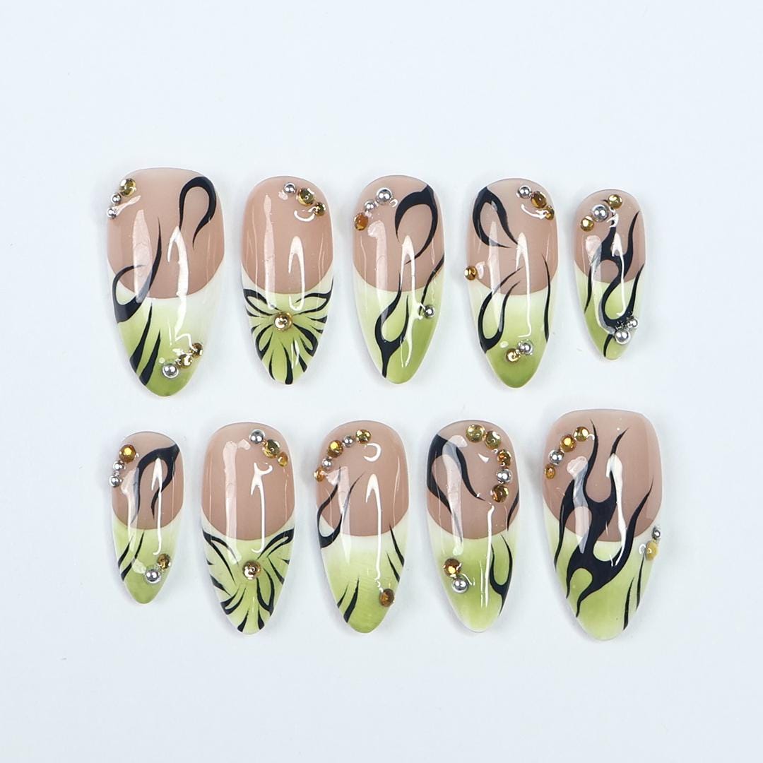Earthy Green and Nude Floral Swirl Press-On Nail Set